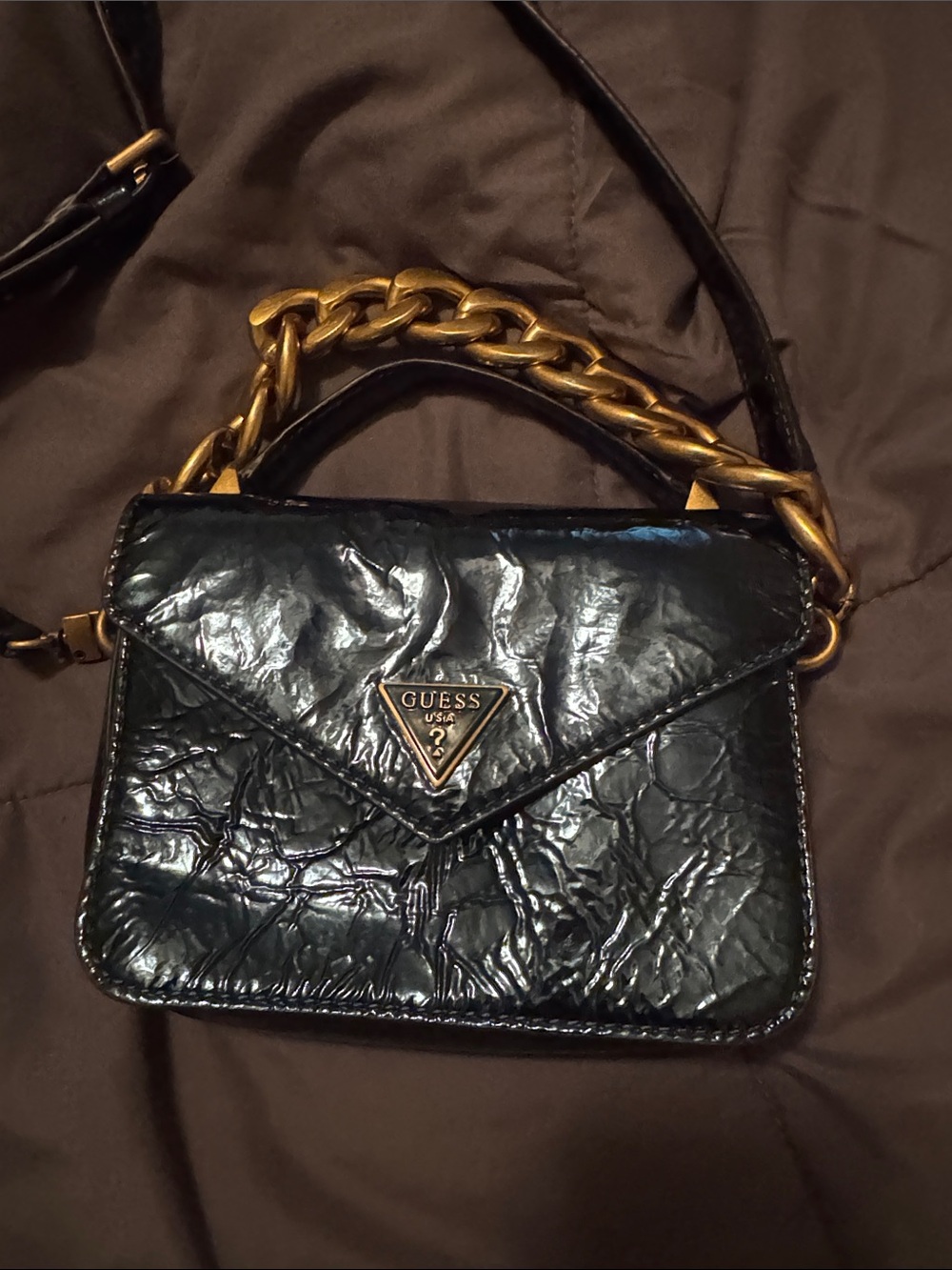 GUESS Black Crinkle Leather Crossbody with Gold Chain Handle
